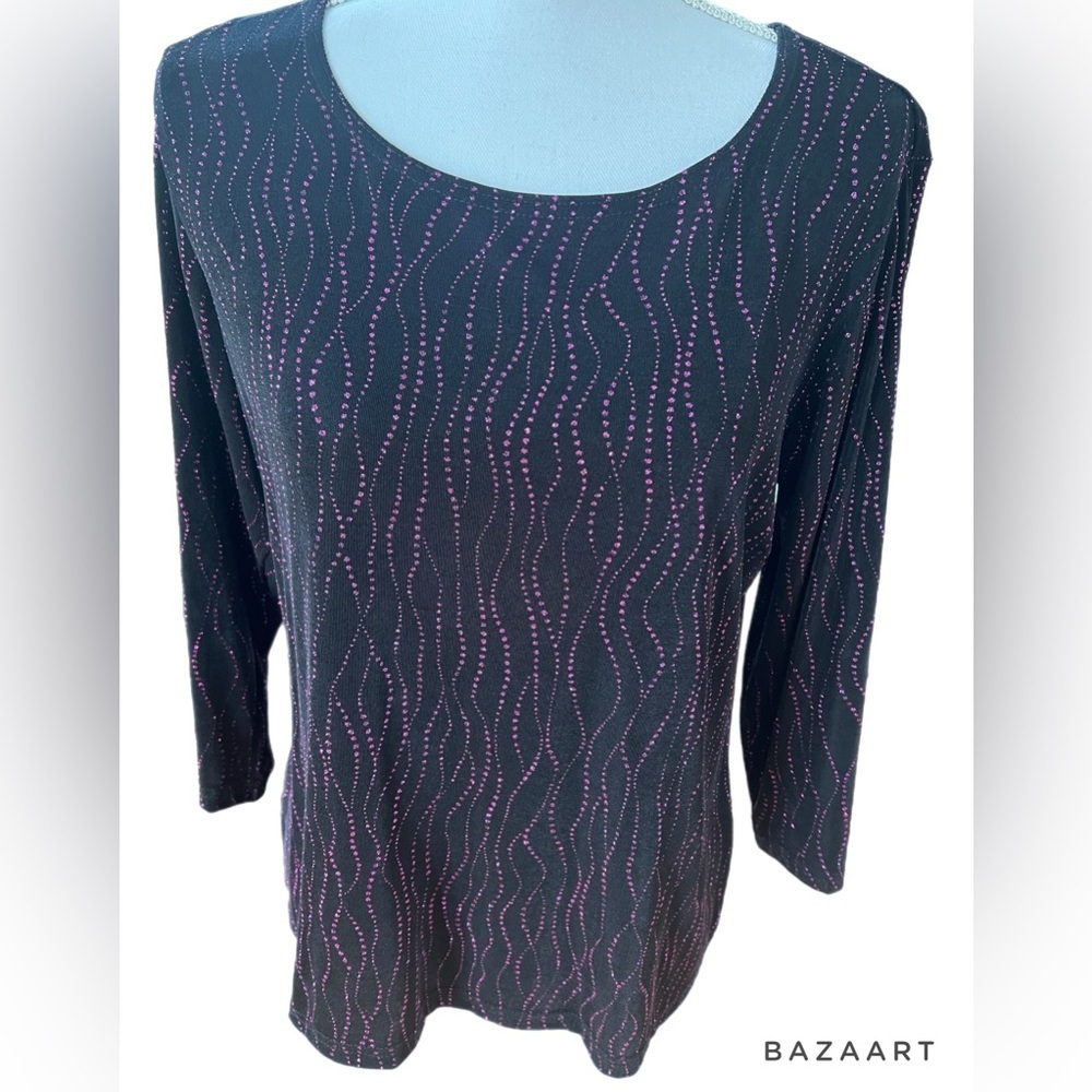 Briggs New York Women’s Black Pink Glitter Top 3/4 Sleeve Size Large - Picture 2 of 5